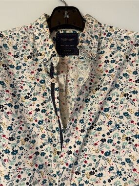 Cactus Floral Button-Down Shirt in White with Teal, Navy & Red Accents